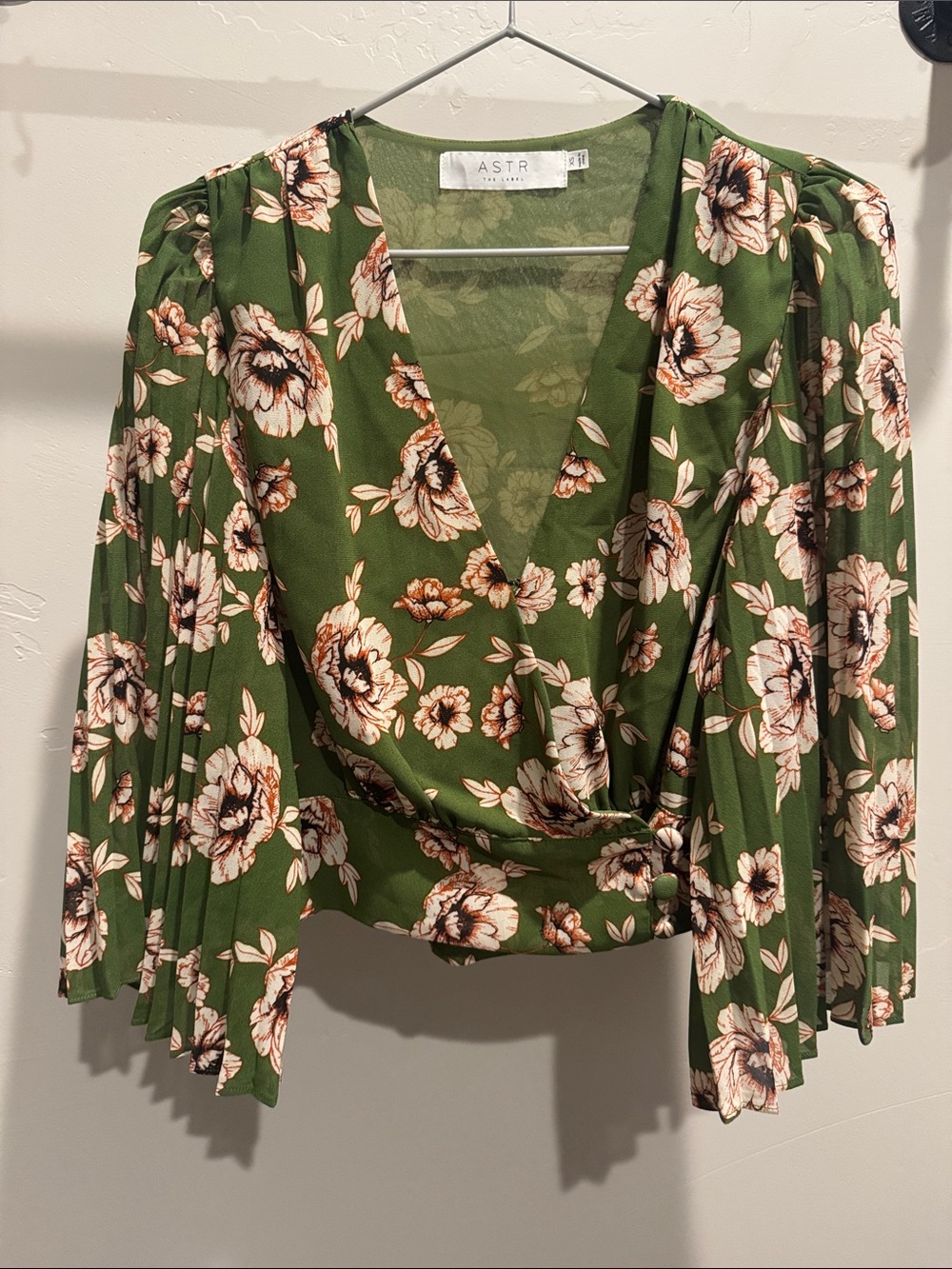 ASTR Olive Green Floral Wrap Blouse with Puff Sleeves